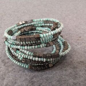 Beaded Coil‎ Bracelet Mint Green White Silver Tone Cube Beads Wrap